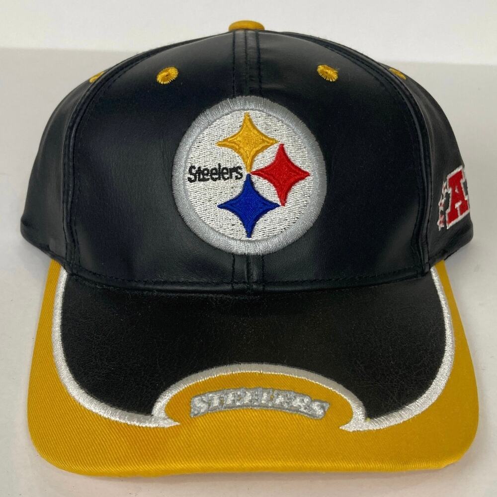 Vintage Pittsburgh Steelers Leather Hat Mens One Size Black NFL Reebok Logo